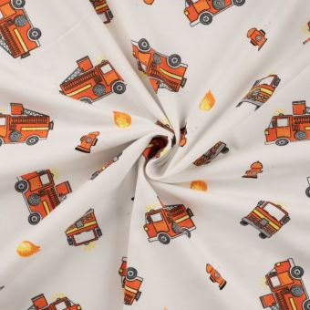Maille jersey coton imprimée camion de pompier blanc