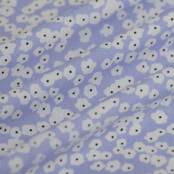 Tissu popeline viscose floral pois blanc bleu