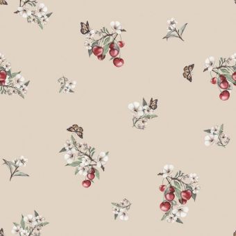 Coupon De Tissu Coton Cerises - 140 X 116 Cm, Fond Beige Clair, Occasion Proche Du Neuf