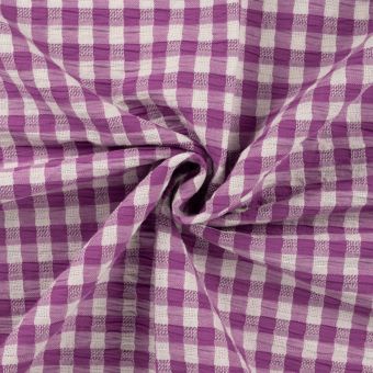 Tissu seersucker imprimé vichy violet rose