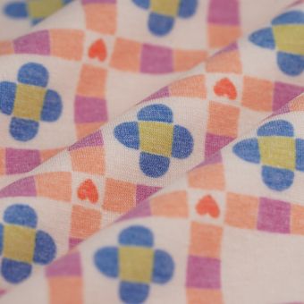 Tissu molleton carreaux coeurs fleurs naïf écru