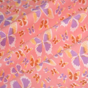 Tissu popeline coton bio papillon rose