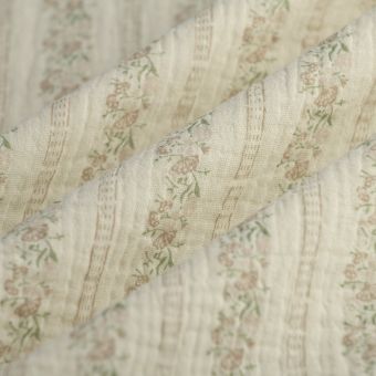 Tissu double gaze fleur en ligne beige écru