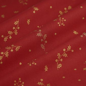 Tissu de Noël cretonne mini houx rouge