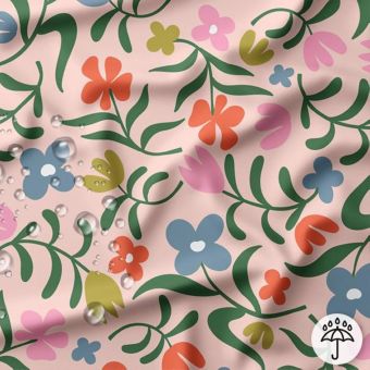 Tissu imperméable rose pâle fleurs joyeuses multicolores