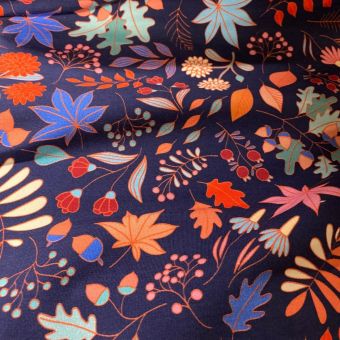 Maille french terry coton bio marine feuilles chêne multico - Albstoffe