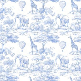 Tissu Double Gaze Toile de Jouy Safari Ballons Bleu, coupon 1m x laize (145cm)