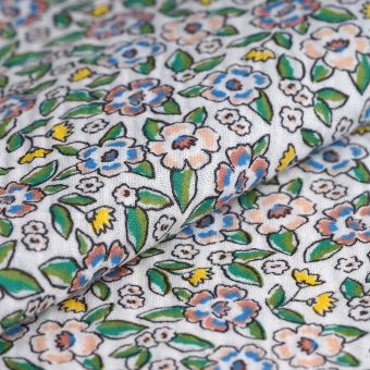 Tissu double gaze pensées fleurs parme rose blanc
