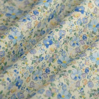 Tissu popeline coton fleuri bleu écru