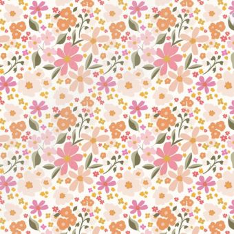 Tissu Satin de Coton Fleuri Fleurs Oranges et Roses, coupon 1m x laize (160cm)