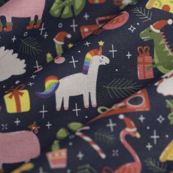 Tissu cretonne fun Christmas bleu