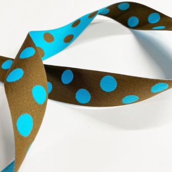Ruban jacquard réversible pois marron et bleu turquoise 25 mm