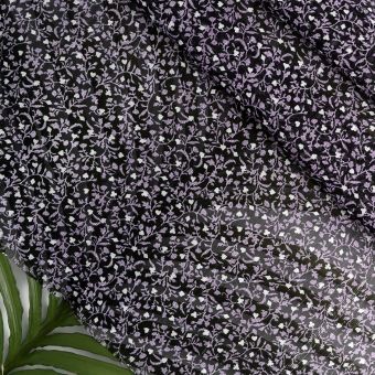 Tissu mousseline polyester petites fleurs violet noir