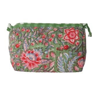 Trousse block print fleur indienne rouge fond vert - 10x18cm