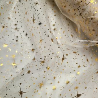 Tissu organza transparent blanc étoile astres doré et argenté