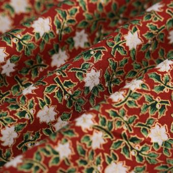 Tissu cretonne de Noël houx fleur rouge 
