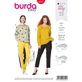 Patron burda 6151 Sweater à manches raglan avec boutons ou passepoil du 34 au 44