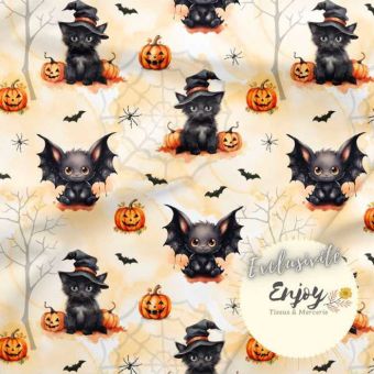 Tissu Jersey Citrouilles Halloween Chat Noir orange vendu par mètre