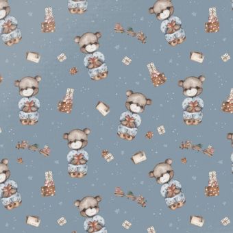Tissu French Terry Cadeau de Noel Ourson Bleu, coupon 1m x laize (145cm)