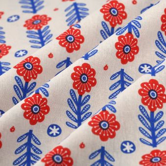 Tissu cretonne blomma bleu rouge 