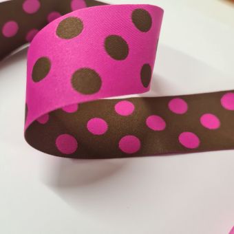 Ruban jacquard réversible pois rose fuchsia et marron 38 mm