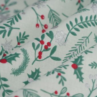Tissu de Noël cretonne feuillage Noël argent vert 