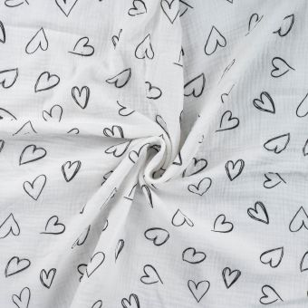 Tissu double gaze imprimé cœur crayonné blanc
