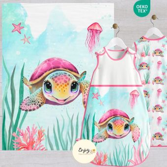 Panneau 100% Coton pour Couverture & Gigoteuse Bébé Animaux de la Mer Tortue Rose