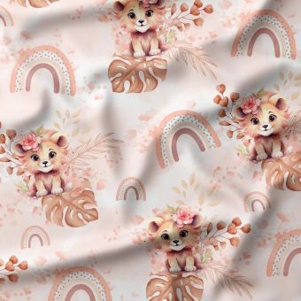 Tissu JERSEY "Rainbow Lion" – Coton Oeko-Tex tendre lionceau et arcs-en-ciel bohèmes