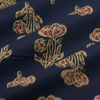Tissu voile bleu marine fleur Indienne