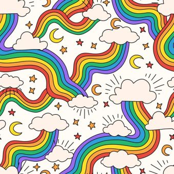 Tissu French Terry Arc-en-ciel Etoiles Nuages, coupon 1m x laize (145cm)
