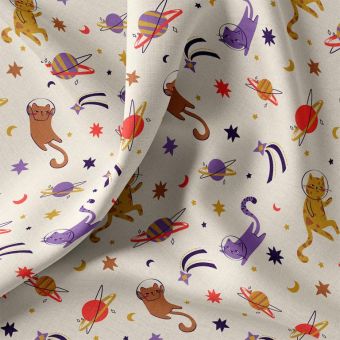 Tissu cretonne imprimé chat astronaute multico