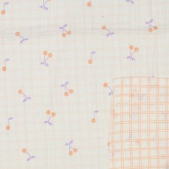 Tissu double gaze bio pêche réversible cerise et carreaux