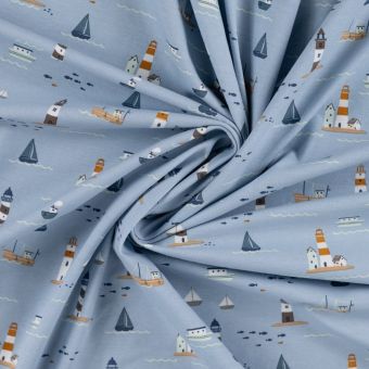 Maille Jersey coton imprimé île en mer bleu clair