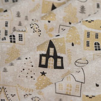 Tissu de Noël bachette Maisonnette enneigée beige 