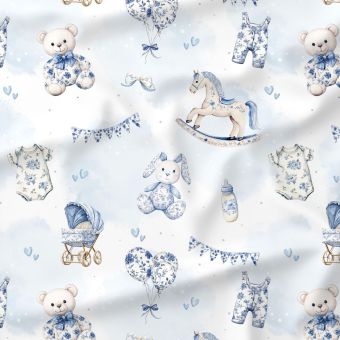 Tissu coton imprimé Toile De Jouy Baby Blue par mètre Oeko-Tex