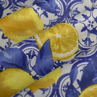 Tissu cretonne enduite citron azulejos bleu 