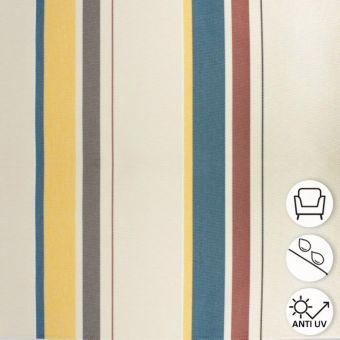 Tissu outdoor déperlant anti-uv écru rayé pétrole terracota et jaune 150 cm