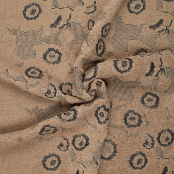 Tissus sherpa motif brodé grosse fleur camel