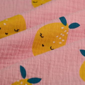 Tissu double gaze citron visage jaune rose
