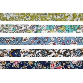 MégaCréa DIY - Biais coton 1 cm x 1 m Fleurs bleu vert 5 pièces