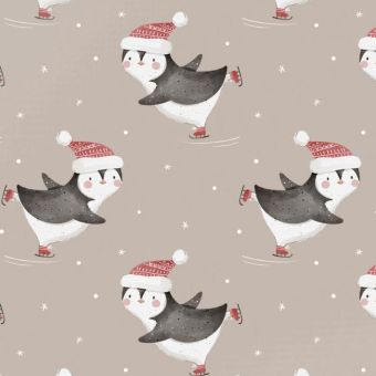 Tissu French Terry Noel Pingouin Patins Beige, coupon 1m x laize (145cm)