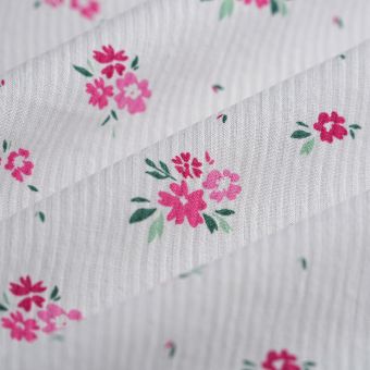 Tissu seersucker coton bouquet rose écru
