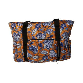 Sac pour pelote 40x28x17cm fleurs bleues fond orange