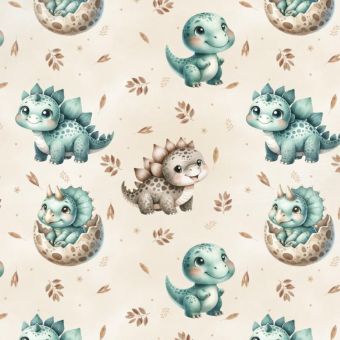 Tissu Impermeable Dinosaure Mignon Oeuf Beige, coupon 1m x laize (155cm)