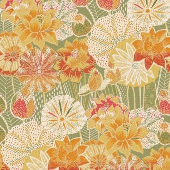 Tissu jacquard opium fleur japonisante kaki
