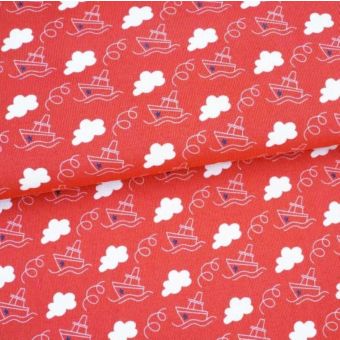 Maille jersey coton bio léger corail motifs bâteau nuage - Albstoffe