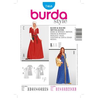 Patron burda 7468 historique robe, bonnet moyen-Âge