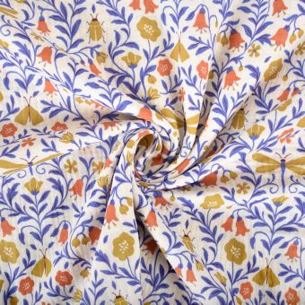 Tissu double gaze insecte et jardin magique bleu
