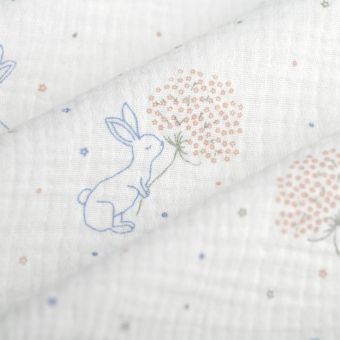 Tissu double gaze pissenlit lapin écru